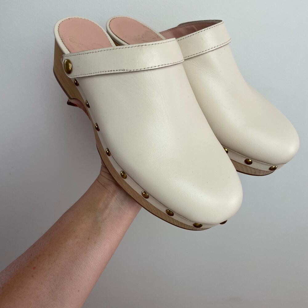 J.J.Crew Cream Leather Wood Boho Scandi Cottagecore Prairie Clogs Ankle Strap 7